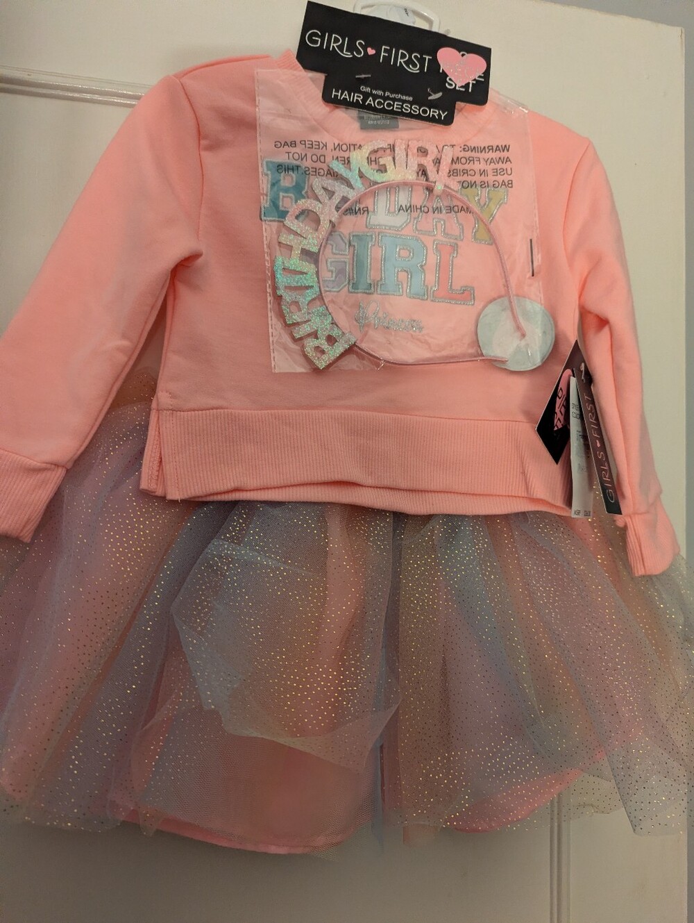 Girls First pink glittery tutu And Long Sleeve Birthday Outfit 2t